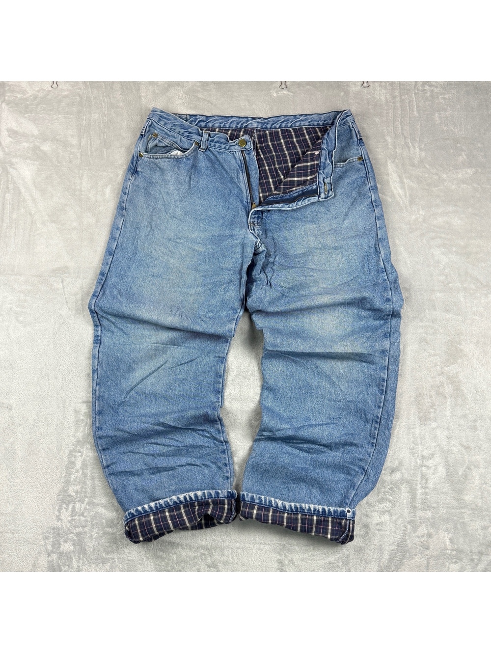 VTG L.L.Bean Men’s 36x30 Flannel Lined Jeans Relaxed Fit Blue Denim Plaid Cabin
